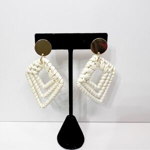 Ivory Woven Rattan Geometric Drop Earrings